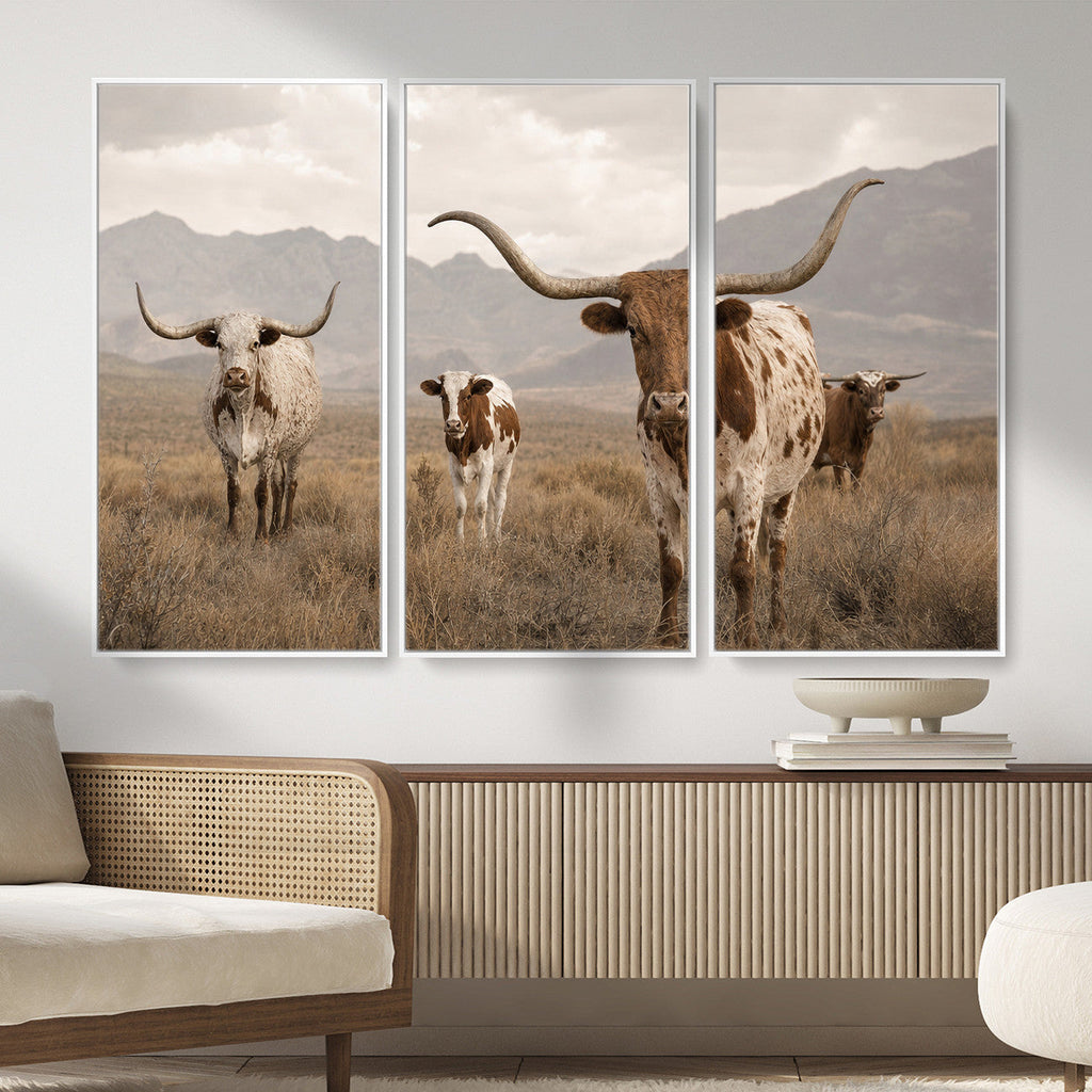 Rustic Texas Longhorn Cow Canvas Wall Art Print, Rustic Farm Animal