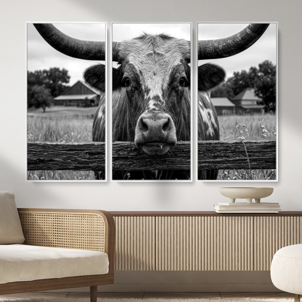 Black White Texas Longhorn Bull Canvas Wall Art, Western Ranch Cattle