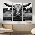 Black White Texas Longhorn Bull Canvas Wall Art, Western Ranch Cattle
