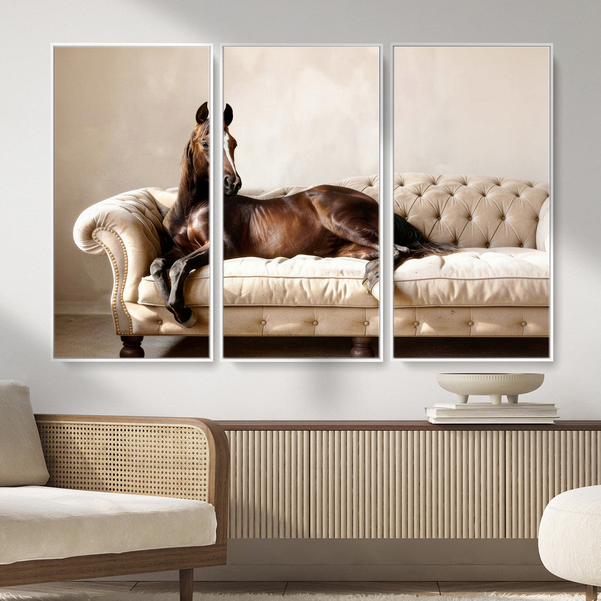 Funny Horse on Sofa Canvas Wall Art, Quirky Horse Lounging Photo