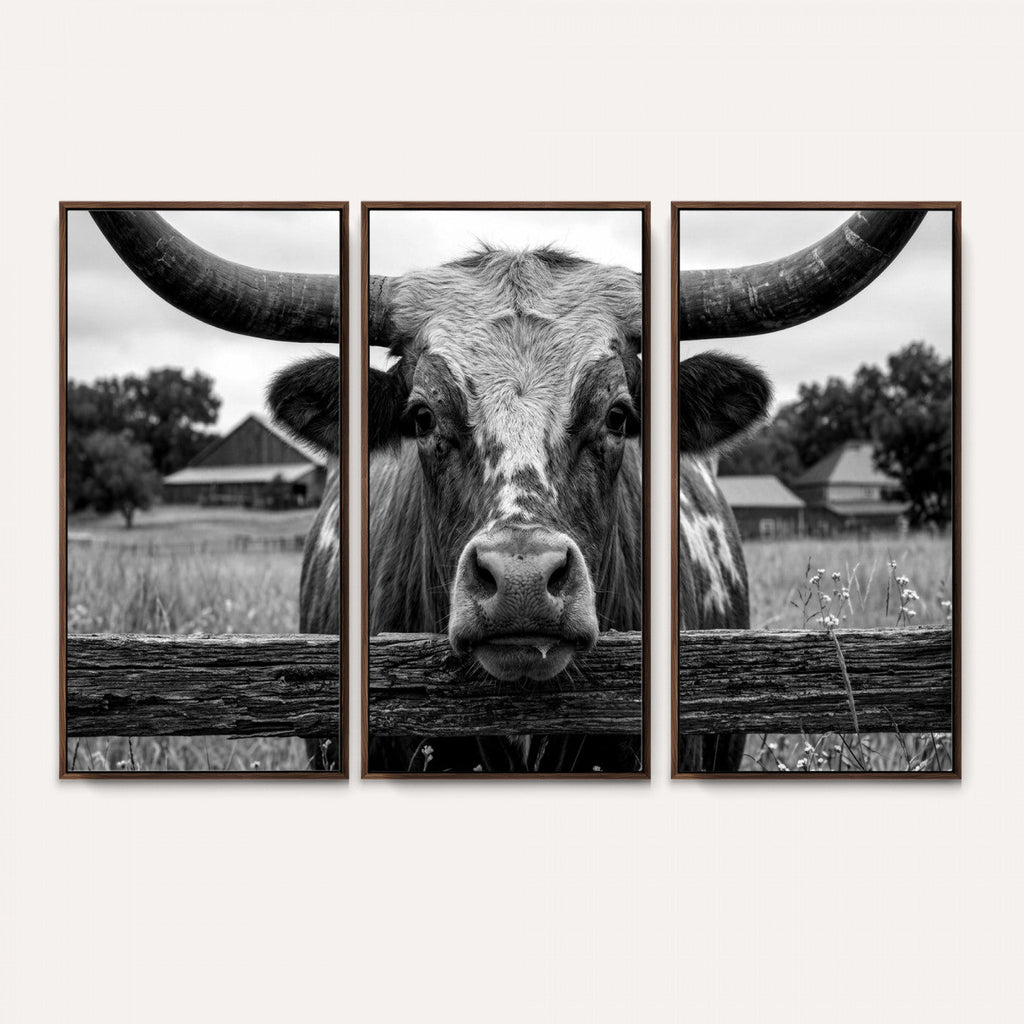 Black White Texas Longhorn Bull Canvas Wall Art, Western Ranch Cattle