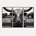 Black White Texas Longhorn Bull Canvas Wall Art, Western Ranch Cattle