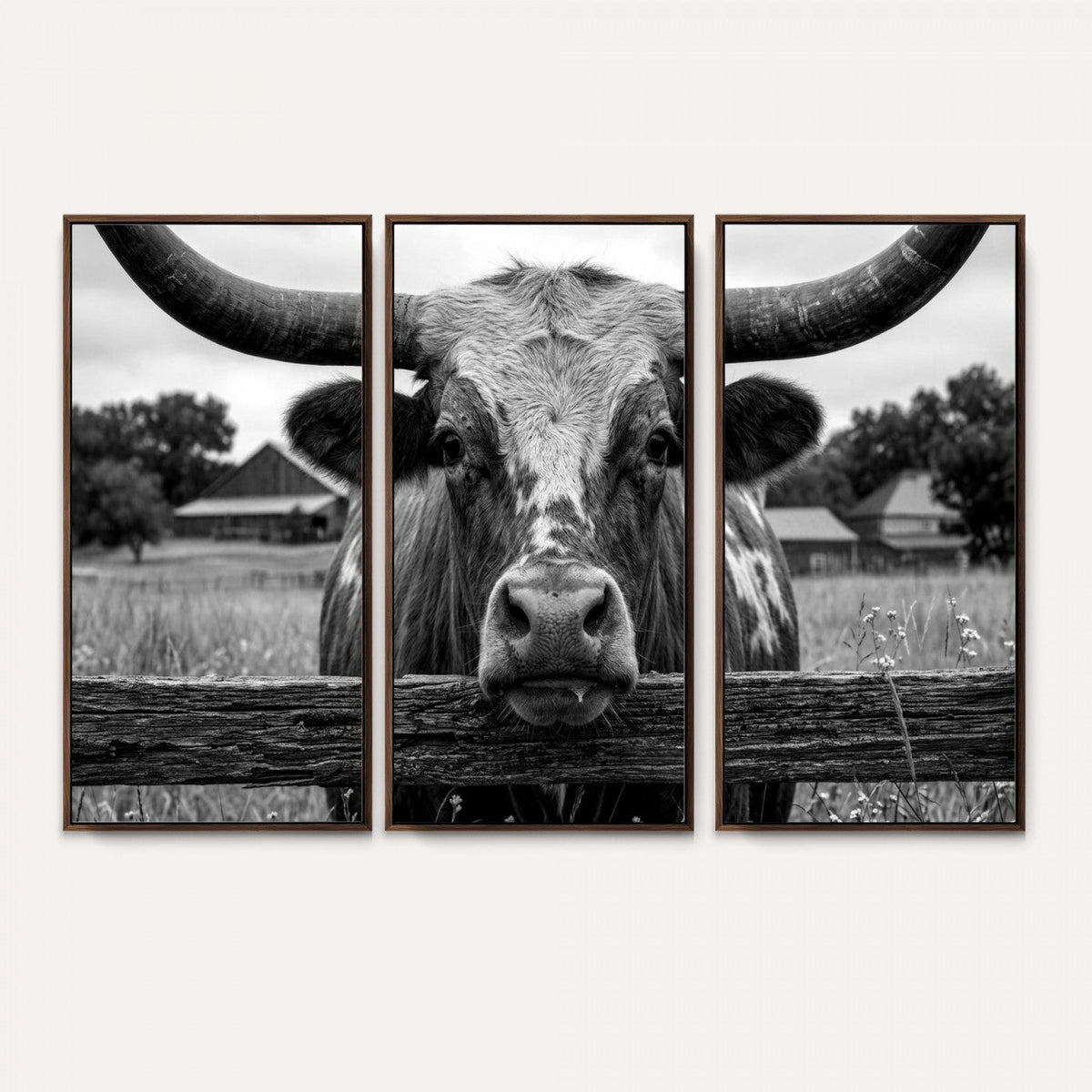 Black White Texas Longhorn Bull Canvas Wall Art, Western Ranch Cattle