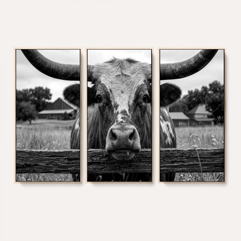 Black White Texas Longhorn Bull Canvas Wall Art, Western Ranch Cattle