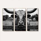 Black White Texas Longhorn Bull Canvas Wall Art, Western Ranch Cattle