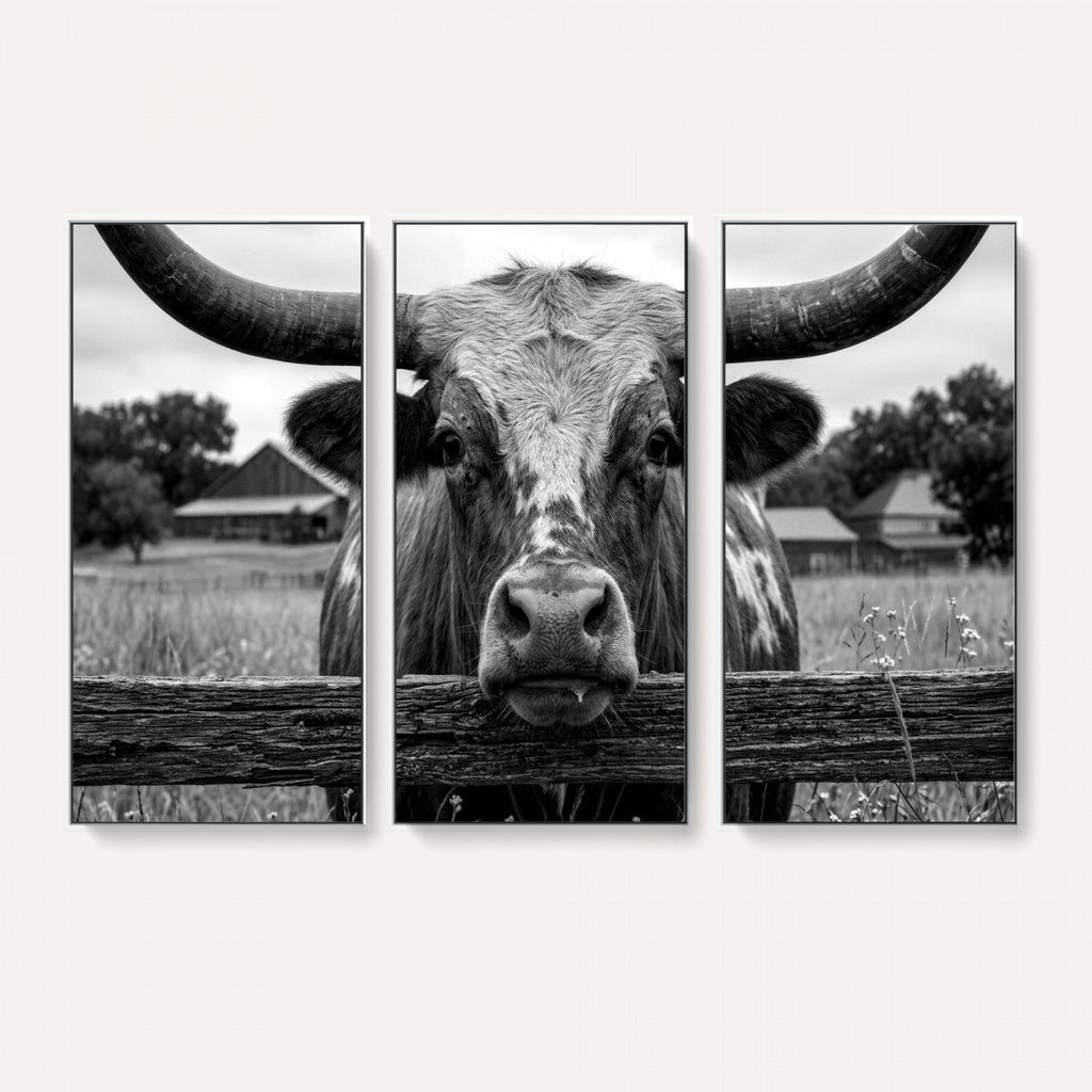 Black White Texas Longhorn Bull Canvas Wall Art, Western Ranch Cattle