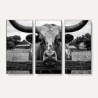 Black White Texas Longhorn Bull Canvas Wall Art, Western Ranch Cattle