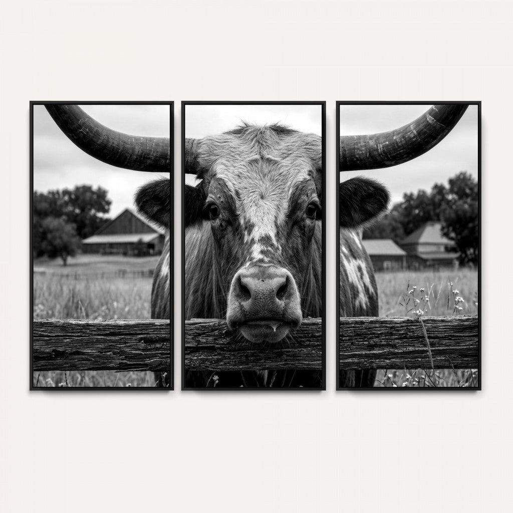 Black White Texas Longhorn Bull Canvas Wall Art, Western Ranch Cattle