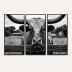 Black White Texas Longhorn Bull Canvas Wall Art, Western Ranch Cattle