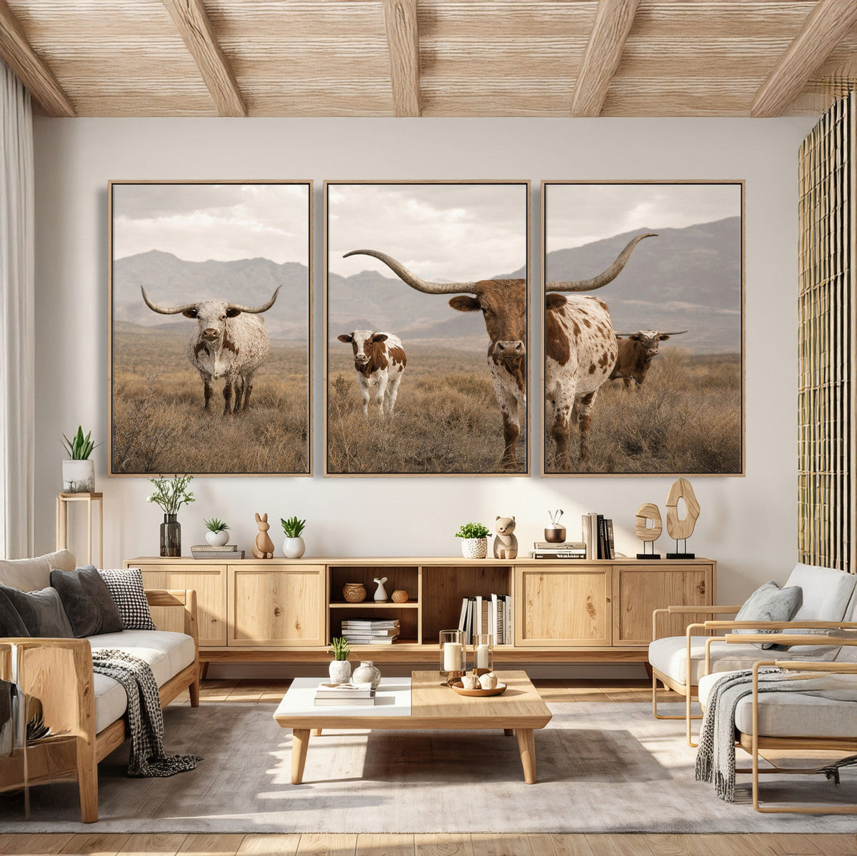 Rustic Texas Longhorn Cow Canvas Wall Art Print, Rustic Farm Animal