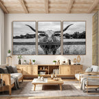 Black White Texas Longhorn Bull Canvas Wall Art, Western Ranch Cattle, Framed and Ready to Hang