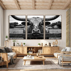 Black White Texas Longhorn Bull Canvas Wall Art, Western Ranch Cattle