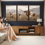 Rustic Texas Longhorn Cow Canvas Wall Art Print, Rustic Farm Animal