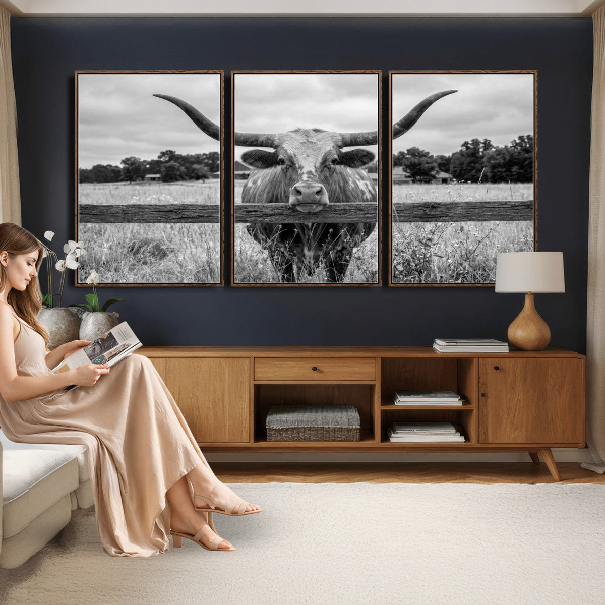 Black White Texas Longhorn Bull Canvas Wall Art, Western Ranch Cattle, Framed and Ready to Hang