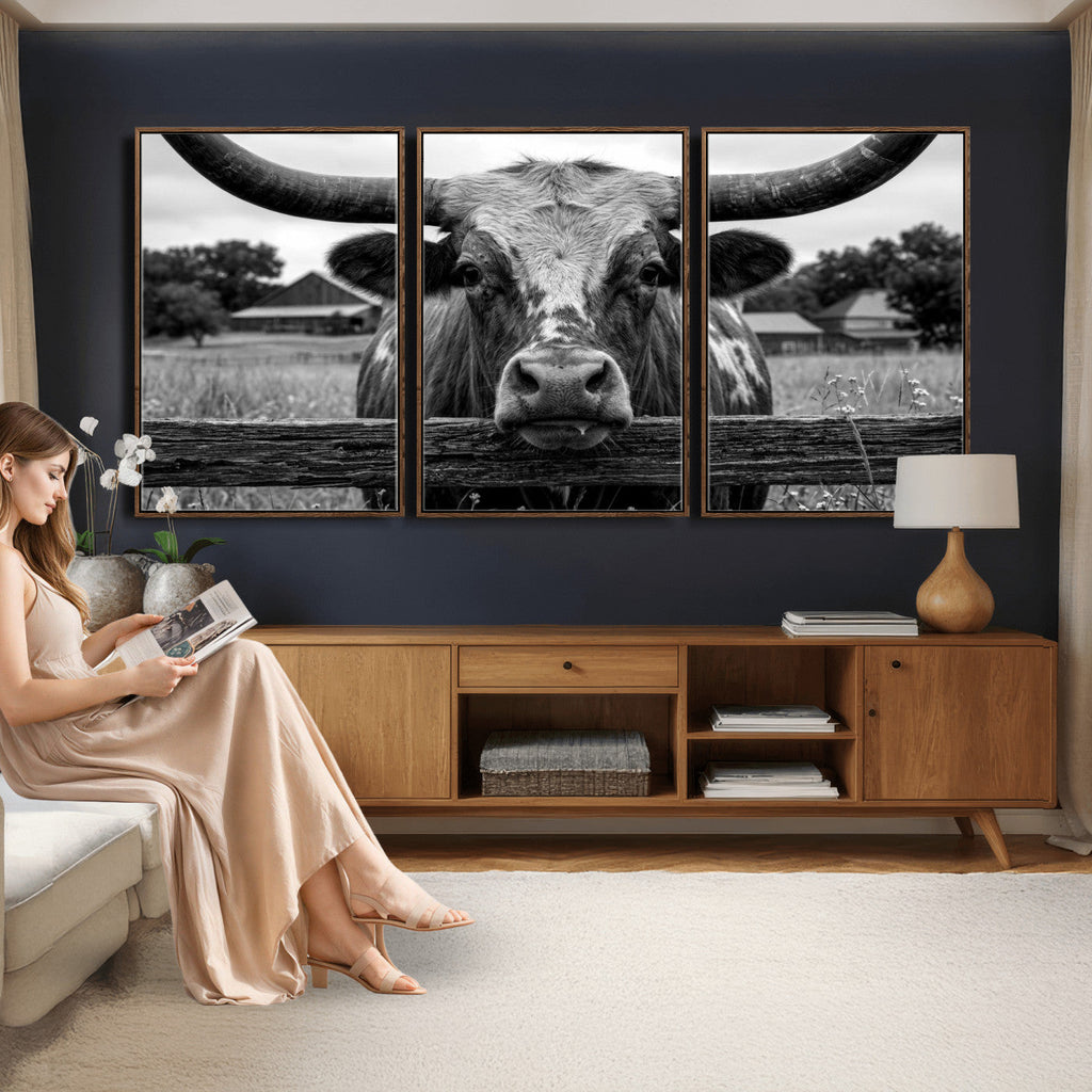 Black White Texas Longhorn Bull Canvas Wall Art, Western Ranch Cattle