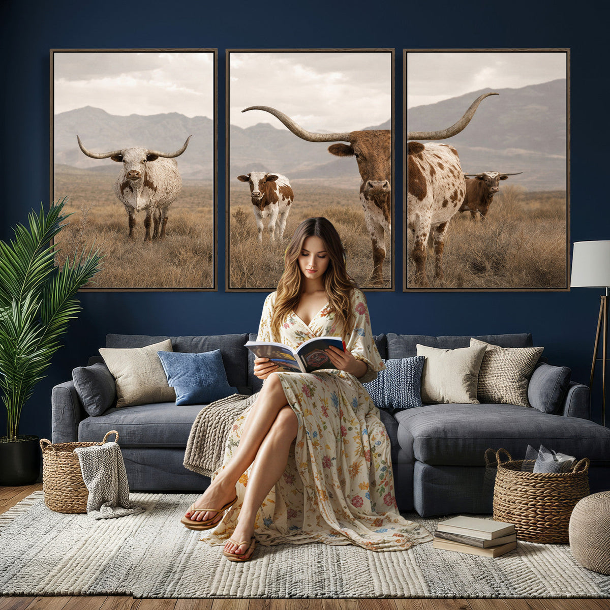 Rustic Texas Longhorn Cow Canvas Wall Art Print, Rustic Farm Animal