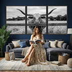 Black White Texas Longhorn Bull Canvas Wall Art, Western Ranch Cattle, Framed and Ready to Hang