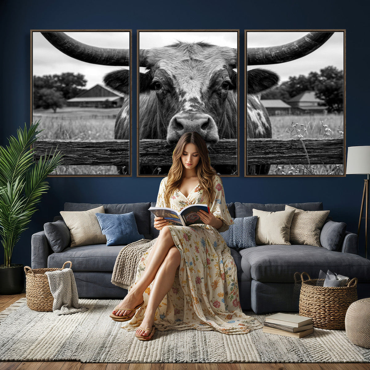 Black White Texas Longhorn Bull Canvas Wall Art, Western Ranch Cattle