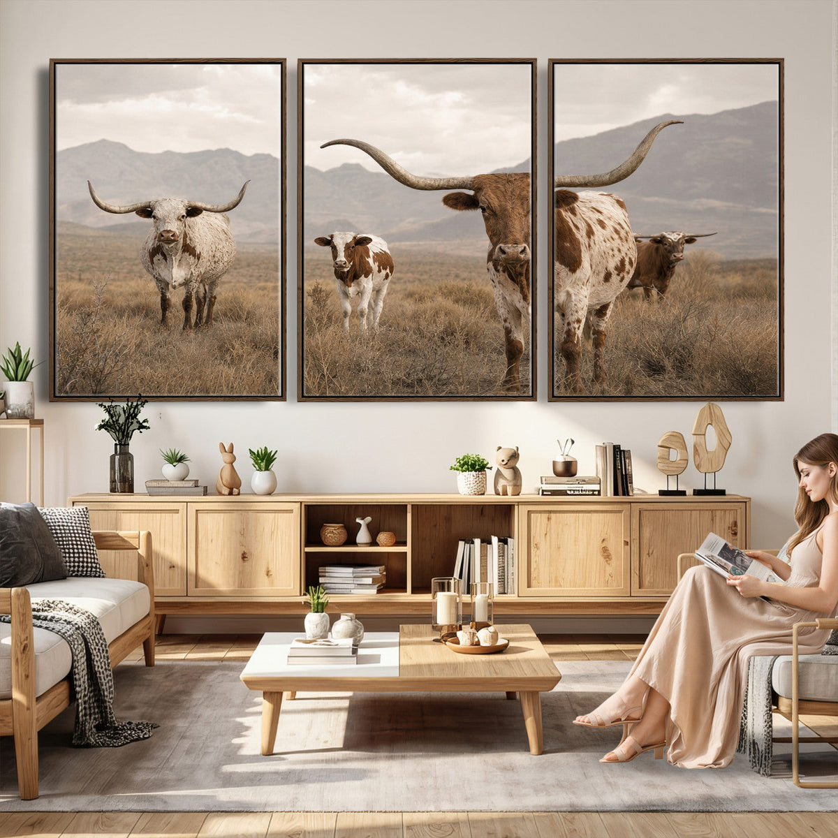 Rustic Texas Longhorn Cow Canvas Wall Art Print, Rustic Farm Animal