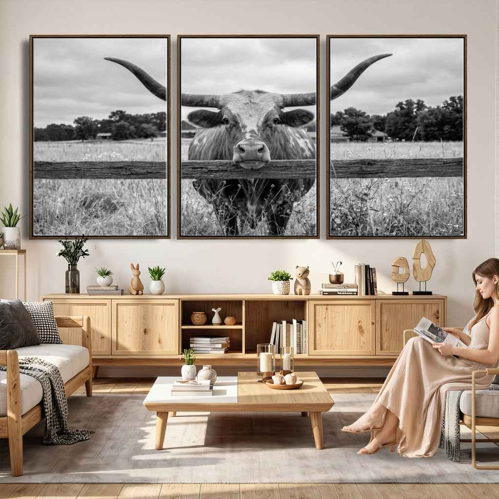 Black White Texas Longhorn Bull Canvas Wall Art, Western Ranch Cattle, Framed and Ready to Hang