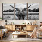 Black White Texas Longhorn Bull Canvas Wall Art, Western Ranch Cattle, Framed and Ready to Hang
