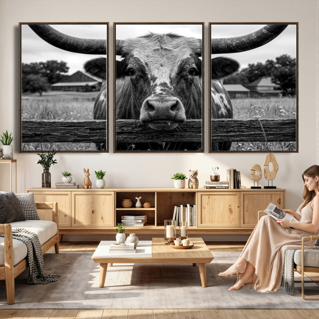 Black White Texas Longhorn Bull Canvas Wall Art, Western Ranch Cattle