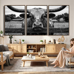 Black White Texas Longhorn Bull Canvas Wall Art, Western Ranch Cattle