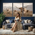 Rustic Texas Longhorn Cow Canvas Wall Art Print, Rustic Farm Animal