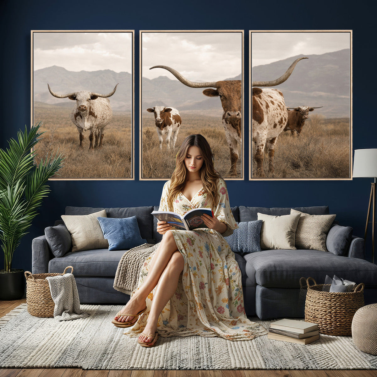 Rustic Texas Longhorn Cow Canvas Wall Art Print, Rustic Farm Animal