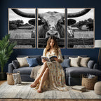 Black White Texas Longhorn Bull Canvas Wall Art, Western Ranch Cattle