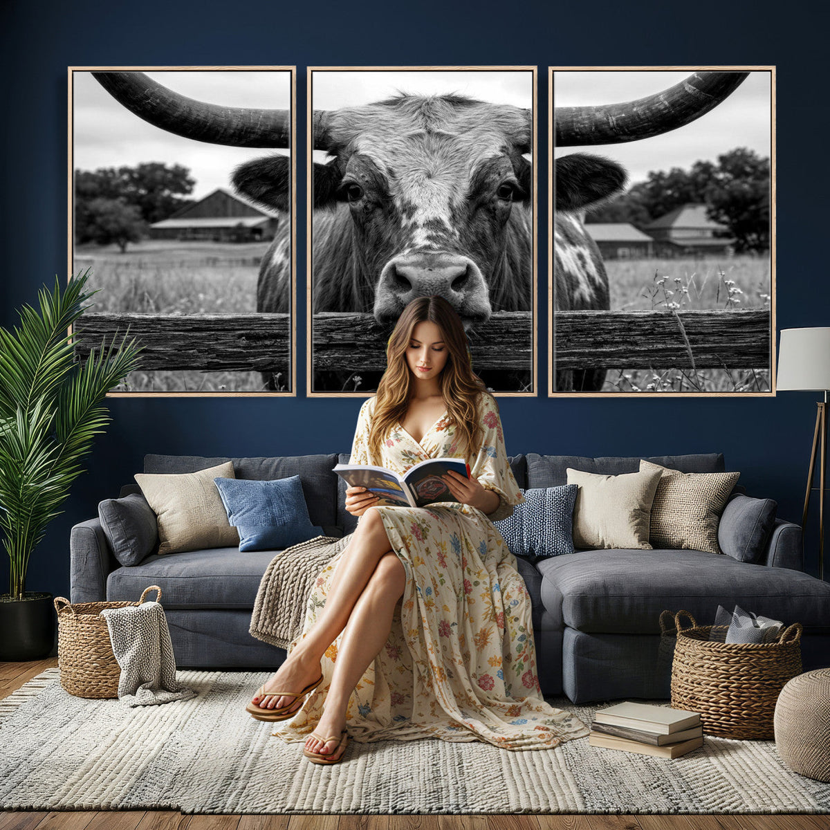 Black White Texas Longhorn Bull Canvas Wall Art, Western Ranch Cattle