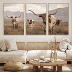 Rustic Texas Longhorn Cow Canvas Wall Art Print, Rustic Farm Animal