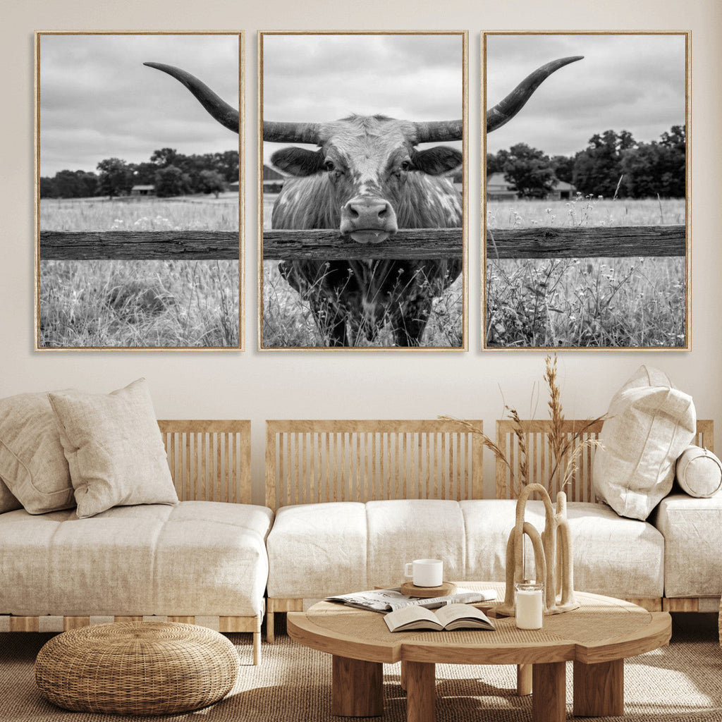 Black White Texas Longhorn Bull Canvas Wall Art, Western Ranch Cattle, Framed and Ready to Hang