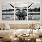 Black White Texas Longhorn Bull Canvas Wall Art, Western Ranch Cattle, Framed and Ready to Hang