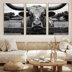 Black White Texas Longhorn Bull Canvas Wall Art, Western Ranch Cattle
