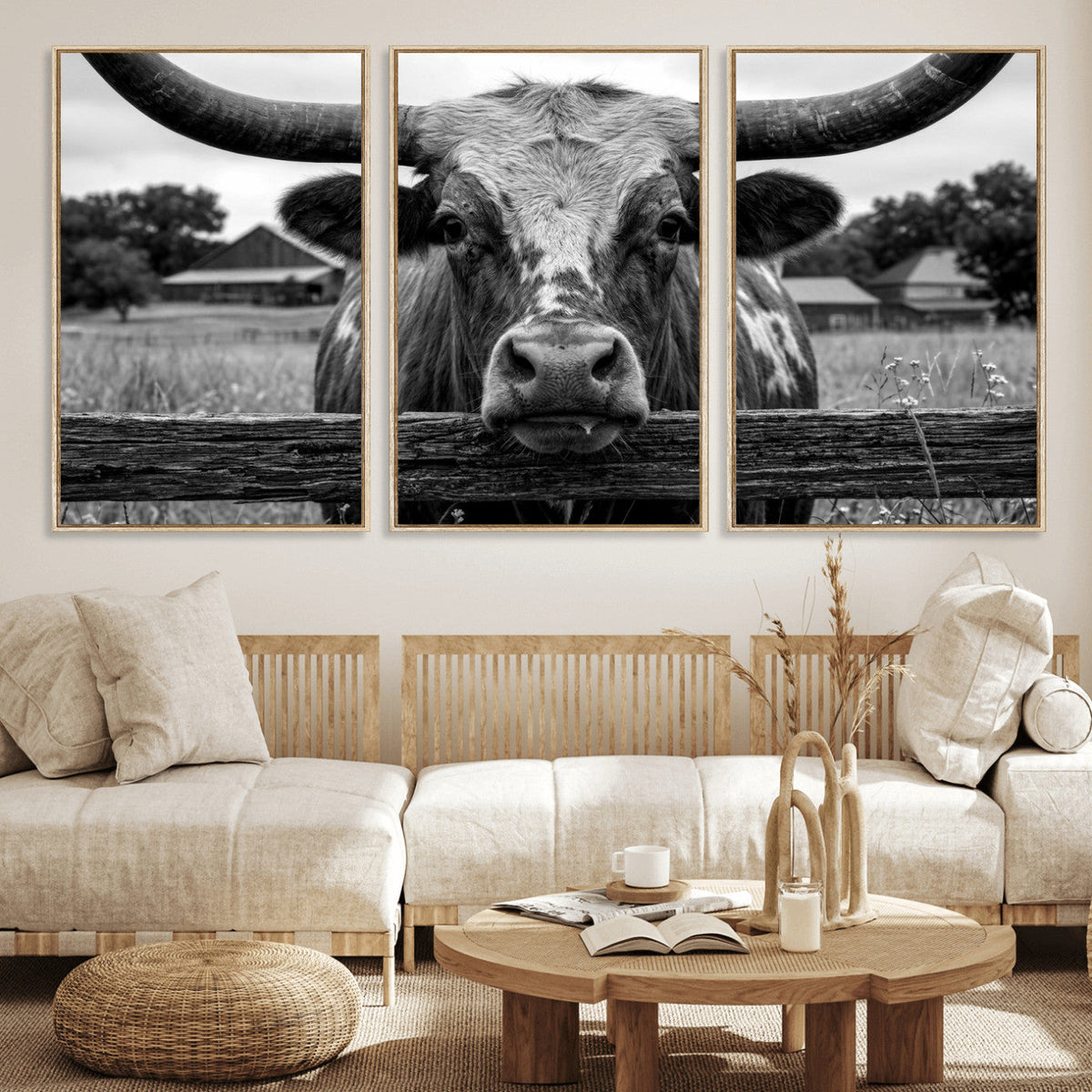 Black White Texas Longhorn Bull Canvas Wall Art, Western Ranch Cattle