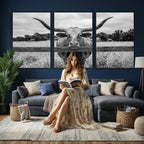 Black White Texas Longhorn Bull Canvas Wall Art, Western Ranch Cattle, Framed and Ready to Hang