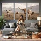 Rustic Texas Longhorn Cow Canvas Wall Art Print, Rustic Farm Animal