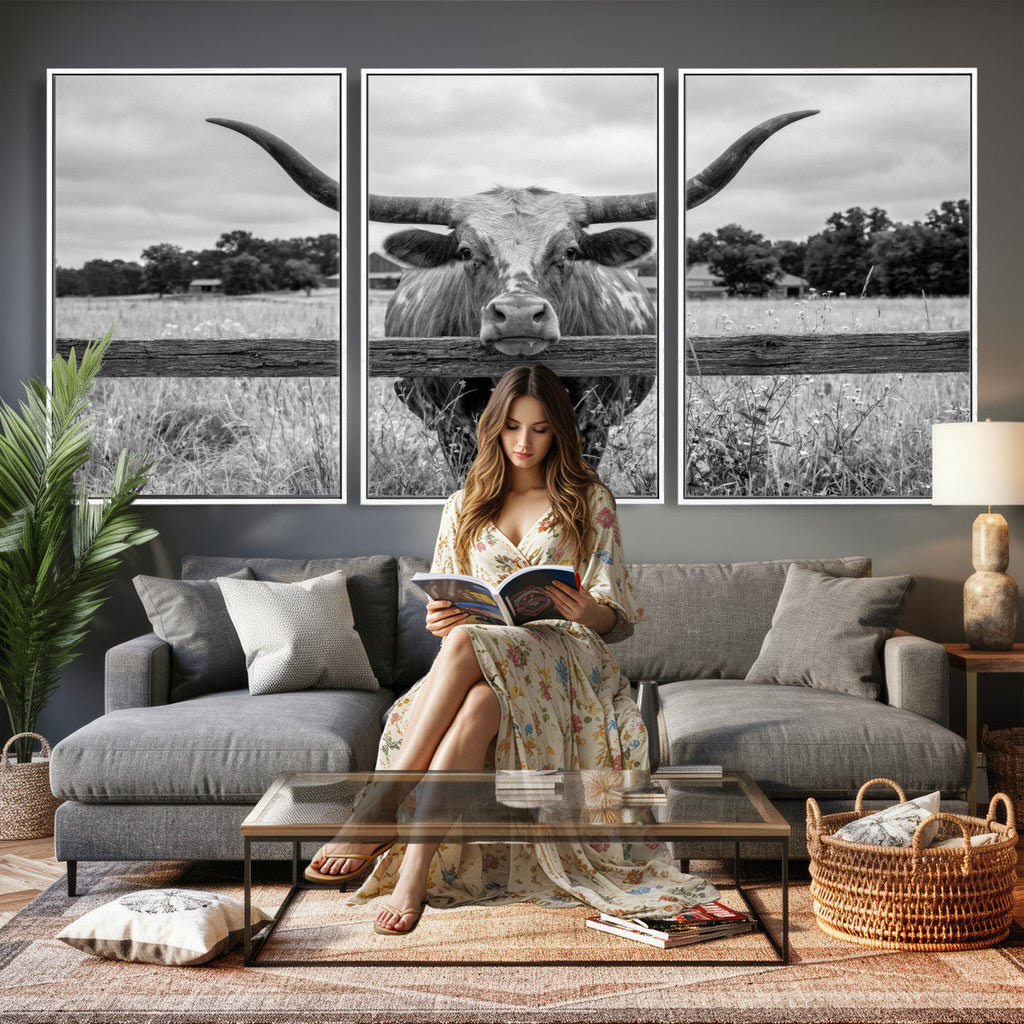 Black White Texas Longhorn Bull Canvas Wall Art, Western Ranch Cattle, Framed and Ready to Hang