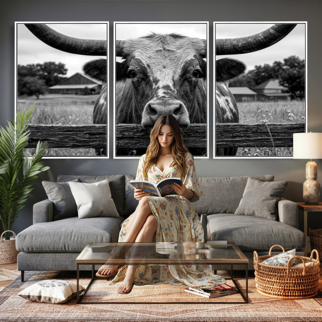 Black White Texas Longhorn Bull Canvas Wall Art, Western Ranch Cattle