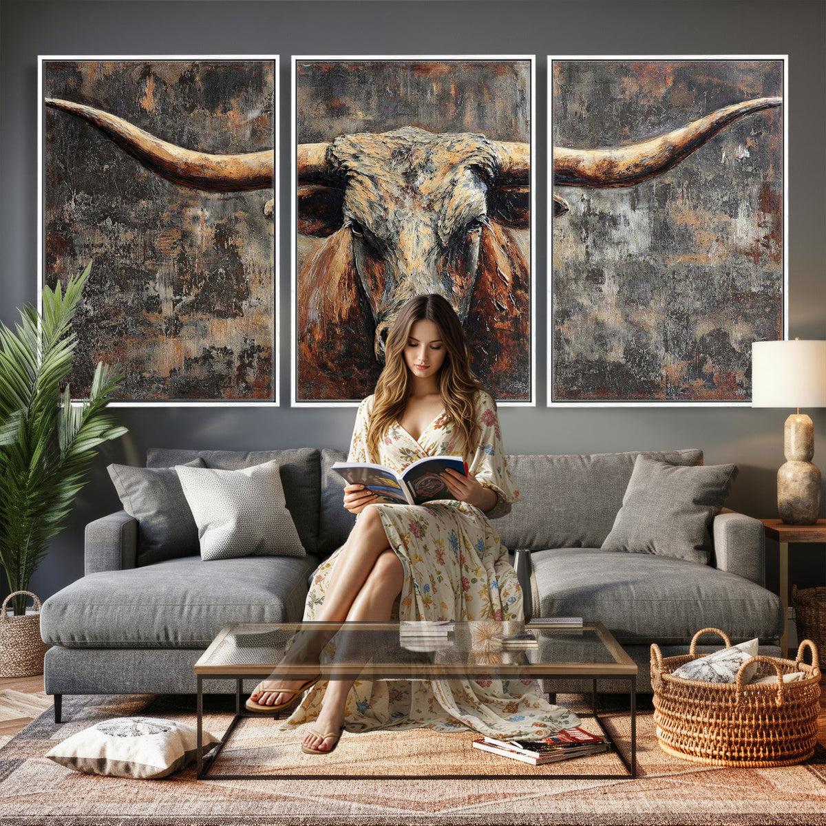 Texas Longhorn Skull Canvas Wall Art Rustic Western Decor Print