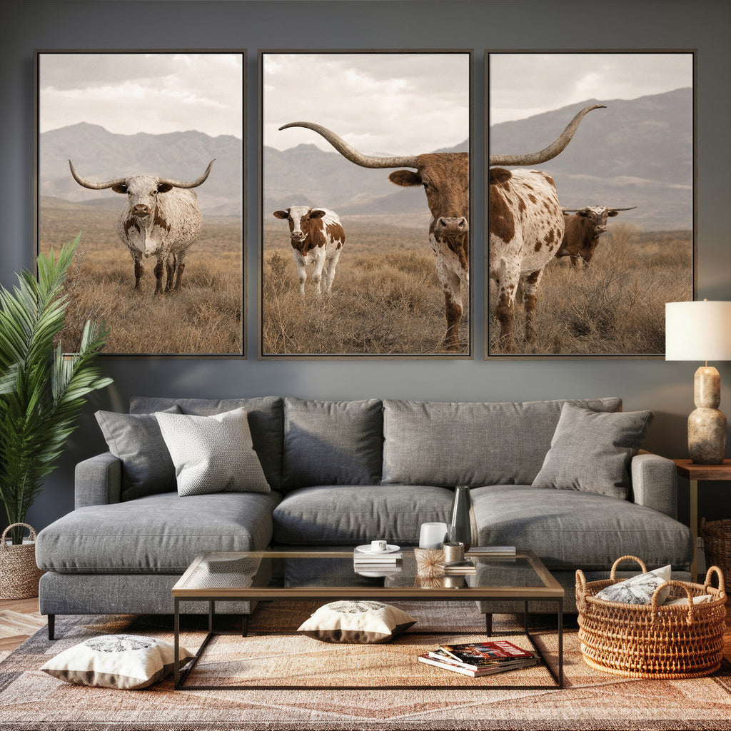 Rustic Texas Longhorn Cow Canvas Wall Art Print, Rustic Farm Animal
