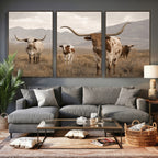Rustic Texas Longhorn Cow Canvas Wall Art Print, Rustic Farm Animal
