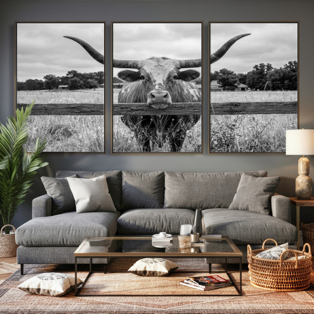 Black White Texas Longhorn Bull Canvas Wall Art, Western Ranch Cattle, Framed and Ready to Hang