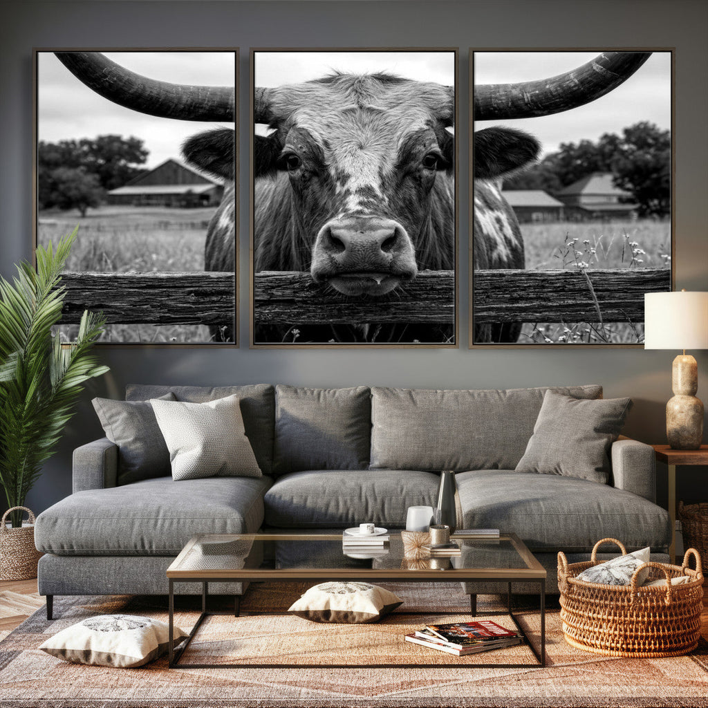 Black White Texas Longhorn Bull Canvas Wall Art, Western Ranch Cattle
