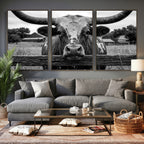 Black White Texas Longhorn Bull Canvas Wall Art, Western Ranch Cattle