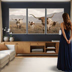 Rustic Texas Longhorn Cow Canvas Wall Art Print, Rustic Farm Animal