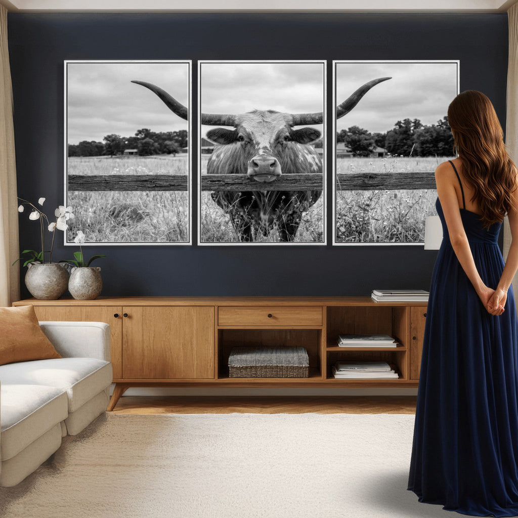 Black White Texas Longhorn Bull Canvas Wall Art, Western Ranch Cattle, Framed and Ready to Hang