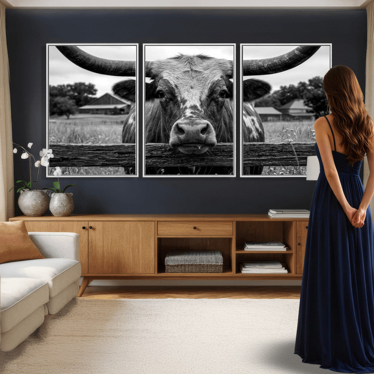 Black White Texas Longhorn Bull Canvas Wall Art, Western Ranch Cattle