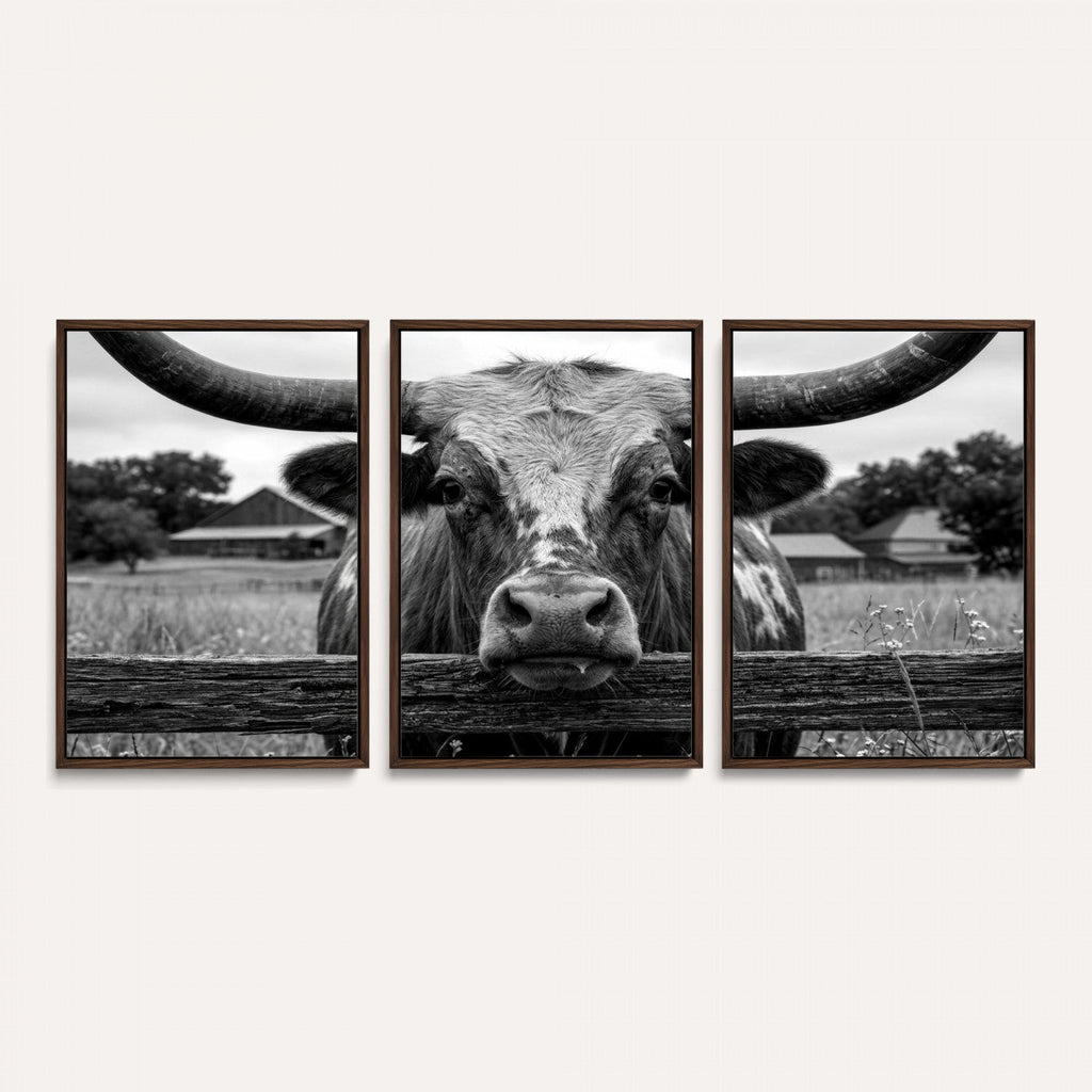 Black White Texas Longhorn Bull Canvas Wall Art, Western Ranch Cattle